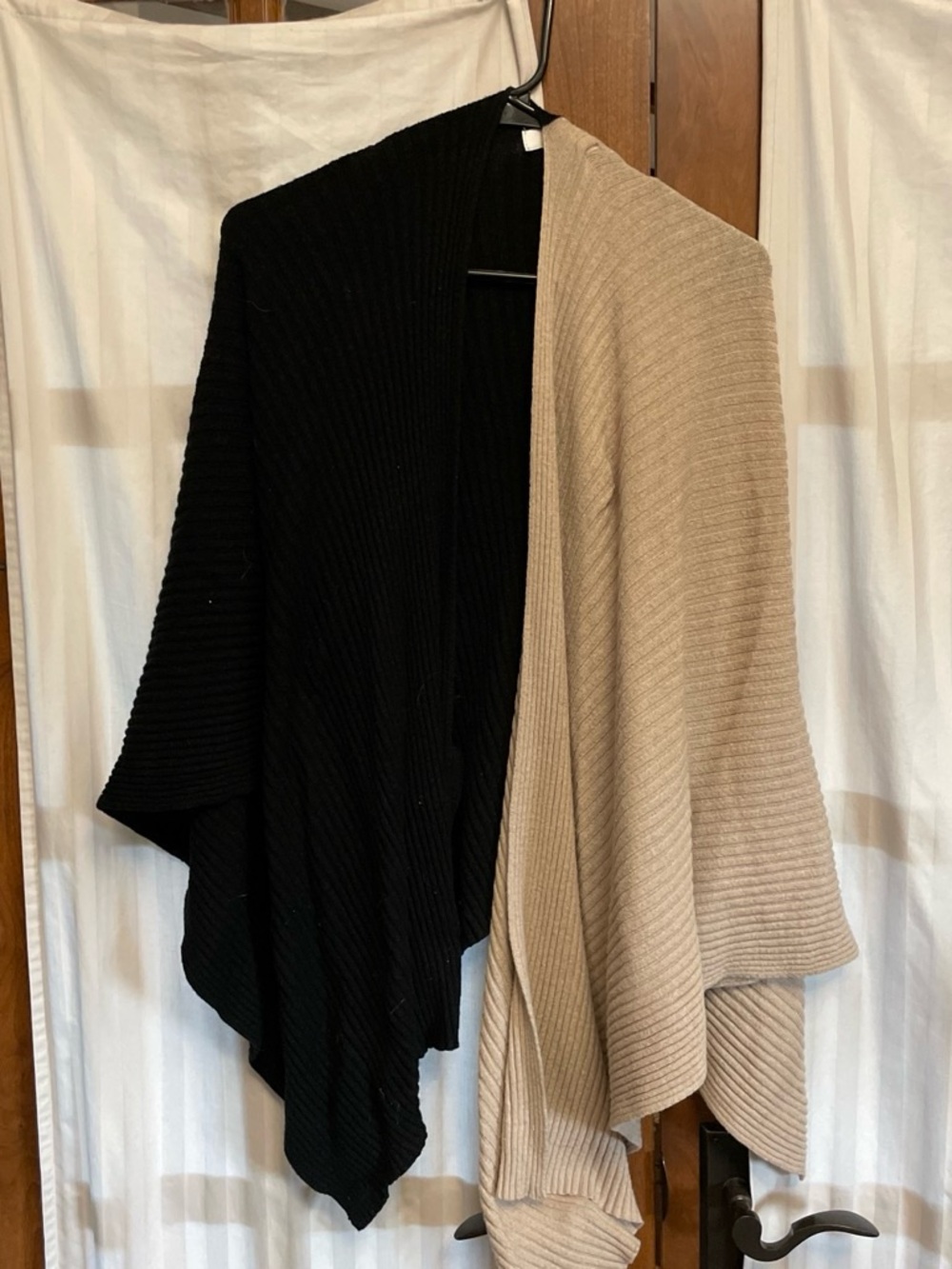 JustFab Two-Tone Ribbed Open Front Cardigan — Black & Beige